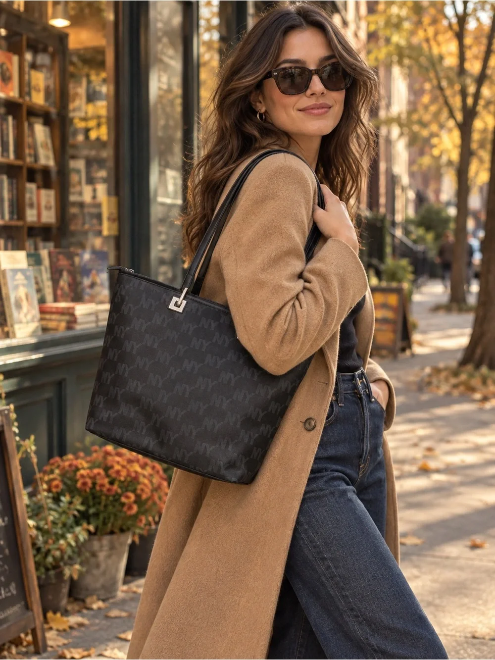 New York & Company Black Tonal Logo Y2K Shoulder Tote Bag